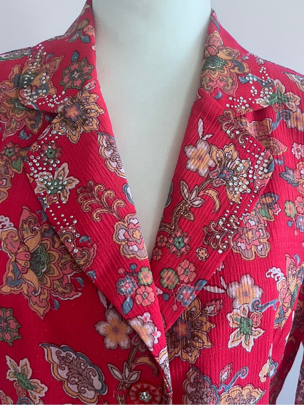 Whimsical Asian Floral Print Coral ribbed Vintage Flare  100% polyester, Korean